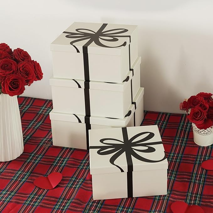 Soul & Lane Valentine's Day Gift Boxes with Lids for Presents, Set of 4 Elegant Large Square Decorative Reusable Nesting Gift Boxes for Gifts and Décor