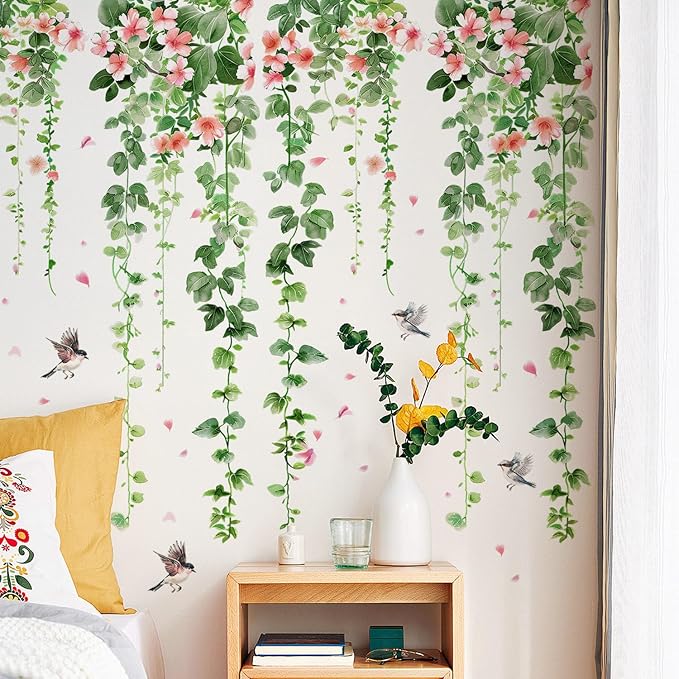4 Sheets Green Plants Flower Wall Decals Hanging Vine Green Leaves Wall Stickers Watercolor Pink Flowers Wall Art Nature Removable Peel and Stick Wallpaper for Kids Bedroom Nursery Home Decoration 21