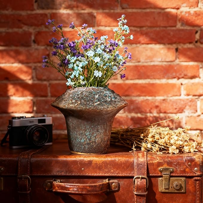 Ceramic Flower Vase Home Decor-4.4" Small Decorative Terracotta Vases Vintage Living Room, Kitchen Bedroom Decorations for House Book Shelf Office Coffee Desk Dining Fireplace