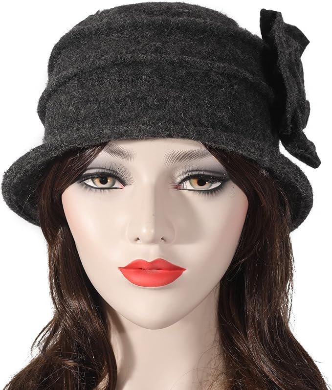 ZLYC Women Wool Cloche Bucket Hat 1920s Vintage Dress Winter Hats with Flower Accent