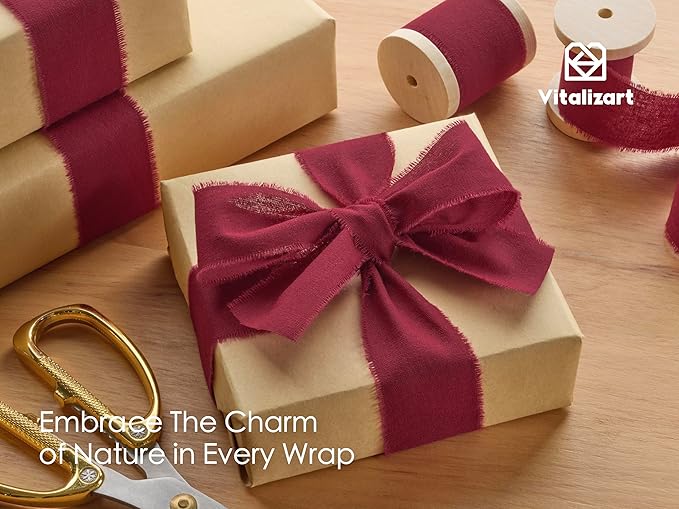 Vitalizart Burgundy Red Ribbon 1-1/2" x 15 Yd 100% Cotton Handmade Frayed Fringe Fabric Ribbons for Gift Wrapping Wedding Invites Bridal Shower Bouquets Christmas Decorations