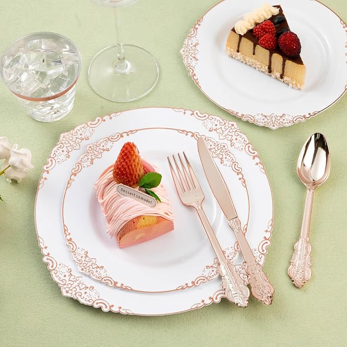 75PCS Rose Gold Plastic Silverware for 25 Guests, Heavy Duty Rose Gold Disposable Utensils Sets, Includes 25 Forks, 25 Spoons, 25 Knives, Elegant Cutlery Perfect for Wedding or Party