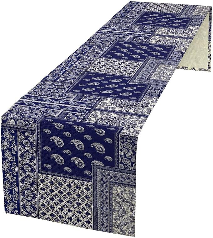 Boho Patchwork Table Runner, Blue White Bohemian Paisley Floral Vintage Farmhouse Table Runner for Kitchen Dining Home Party Holiday, 13x90 Inch