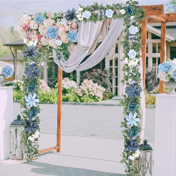 Waipfaru 2Pcs Artificial Eucalyptus Garland with Flowers 6.07Ft, Wedding Table Decorations, Floral Rose Garland for Centerpieces Backdrop Wall Flower Vines for Room Decor (Dusty Blue)