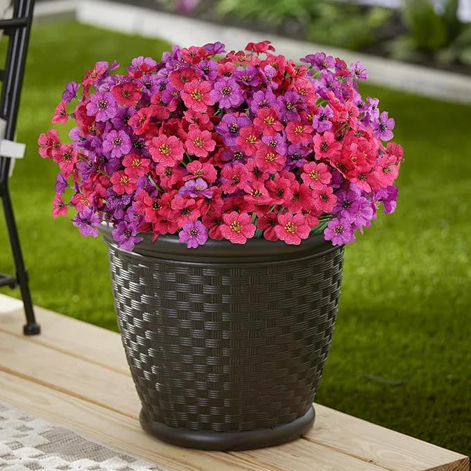 24 Bundles Artificial Flowers for Outdoors, Realistic Fake Silk Flowers for Outside Decoration, No Fade Faux Plants Outdoor Planter Window Box Porch Patio Decor(Purple+Rosy red)