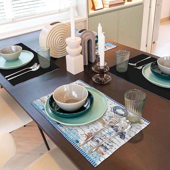 Starfish Placemats, Simple Vintage Watercolour Coral Ocean Shell Lighthouse Seahorse Sailboat Coastal Theme Print Washable Fabric Placemats Table Kitchen Dining Party 12x18 Inch Set of 6