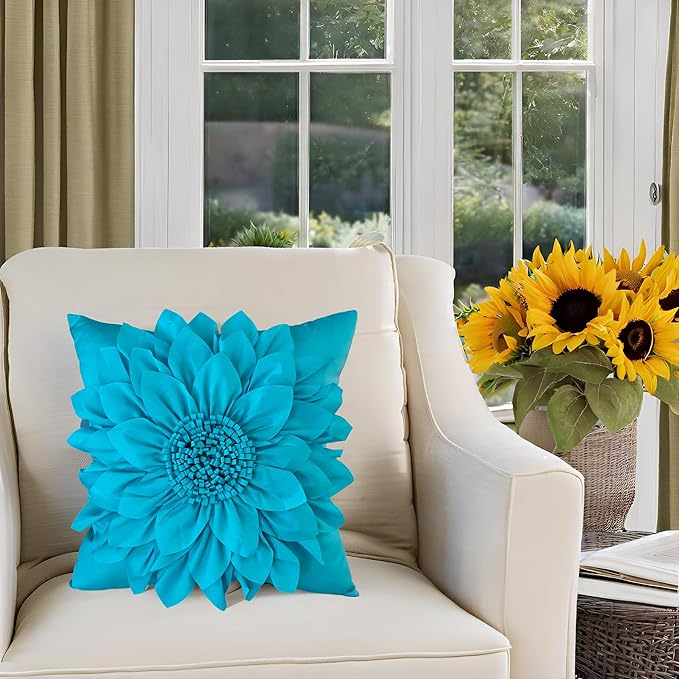 Bella's Giftshop 3D Sunflower Decorative Throw Pillow Covers for Bed Sofa Couch Car, Accent Floral Taffeta Cushion Cover, Handmade Pillow Cases Living Room Decor, 17x17 Inch-Teal/Turquoise