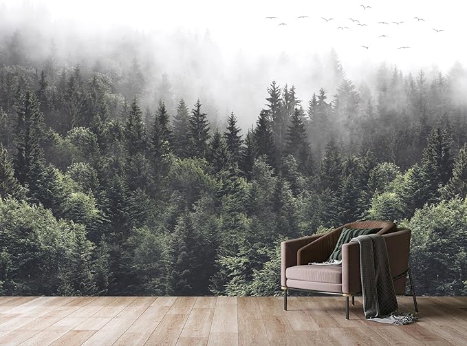 WFBHUA-Misty Forest Self Adhesive Wall Mural Foggy Pine Tree Wallpaper Peel and Stick for Living Room Bedroom 157“x108