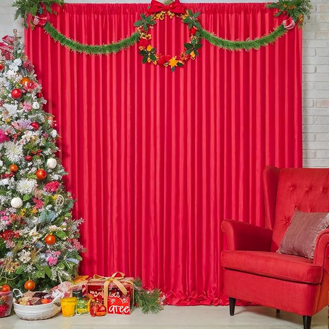 Red Backdrop Curtains 4 Panels-Wrinkle-Free Polyester Photography Drapes Party Photo Backgrounds for Wedding Christmas Photo Backdrops- 16 X10FT (Red)