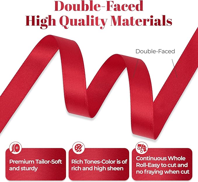 Premium Double Faced Satin Ribbon, 1/2 Inch X 50 Yards, Red, Perfect for Gift Wrapping, Crafts, Wedding Decor