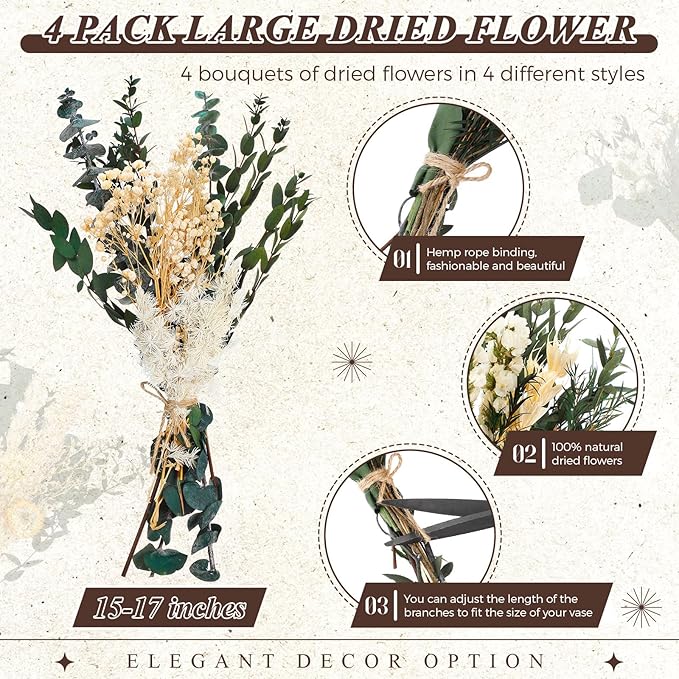 Layhit 4 Pack Large Size Boho Dried Flower Bouquet 15-17 Inch Wedding Handmade Dry Flowers for Vase Crafts DIY Photo Boutonniere for Men Floral Plant for Bridesmaid Gift Birthday Decor(Eucalyptus)
