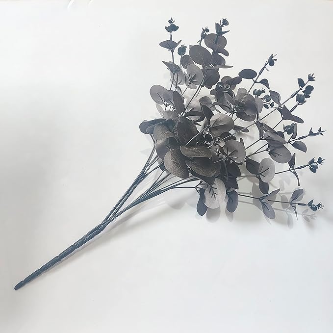 19" Faux Flowers Artificial Silk Silver Dollar Eucalyptus Stems Fake Plant for Vase Home Wedding Decor 3 Pcs (Black)