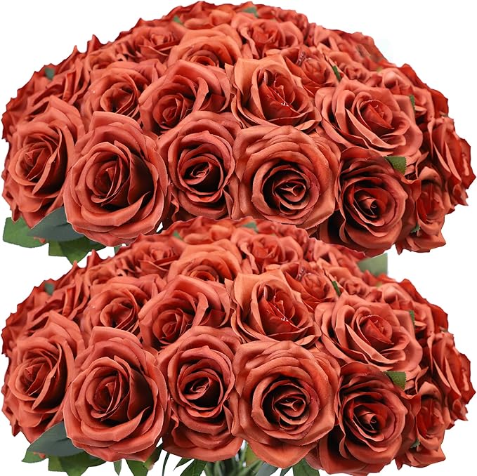Artificial Rose Flowers Burnt Orange Rose Flowers Silk Flowers 50 pcs with Long Stem Silk Roses Bouquet for Wedding Bridal Shower Party Home Decoration