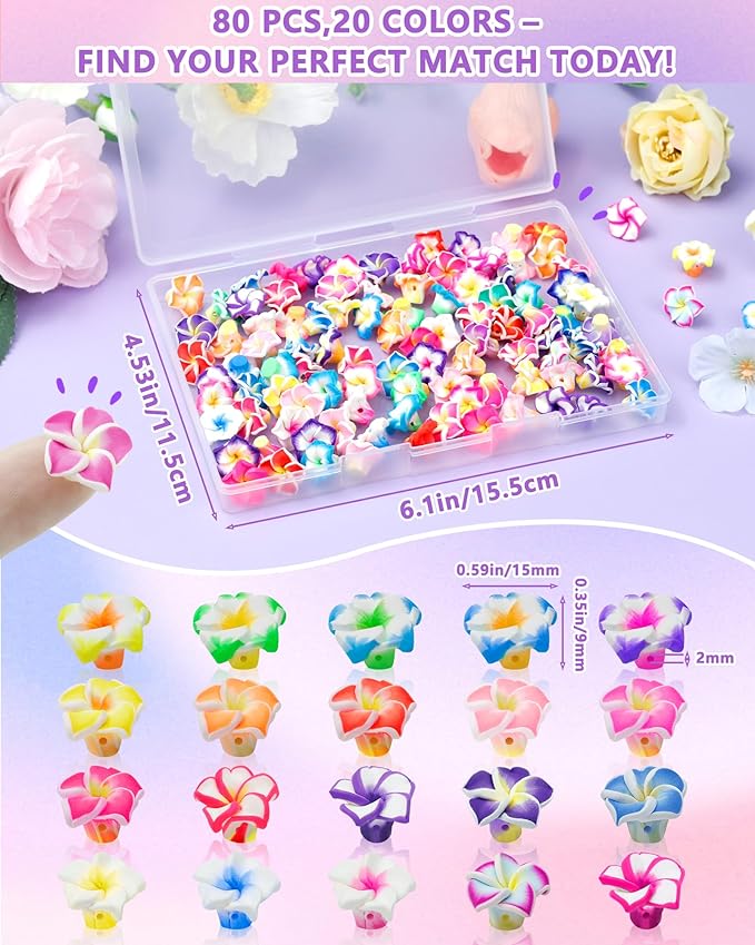 FIVEIZERO 80PCS Clay Plumeria Flower Beads, 20 Colors Hawaiian Polymer Floral Bead Charms for Bracelets, Necklaces & DIY Jewelry Making Crafts