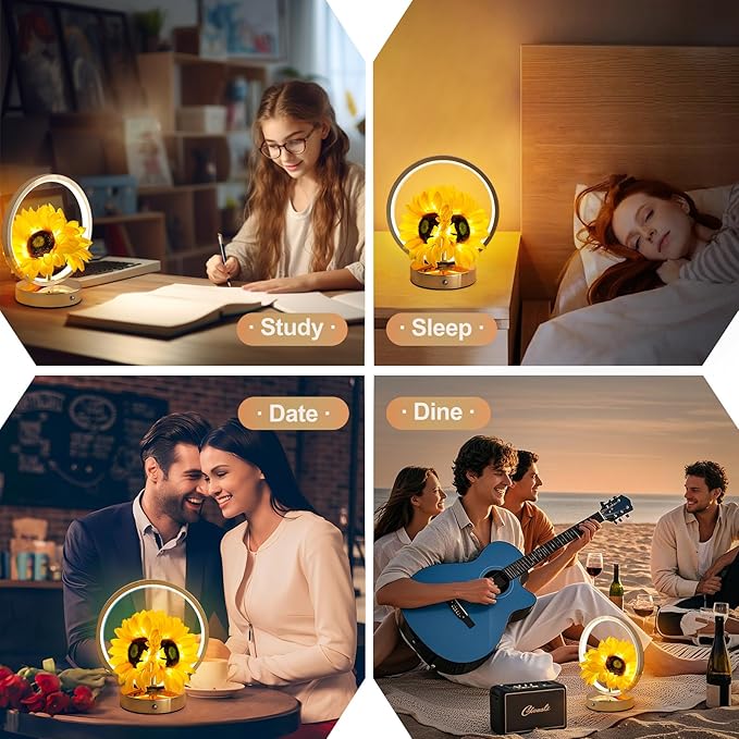 Sunflower Birthday Gifts for Women Mom,Sunflowers Flower Touch Lamp,Rechargeable Cordless 3 Way Dimmable Small Night Light for Living Room,Bedroom,Office Home Decor Thank You Gifts-Yellow