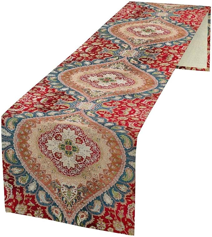 Vintage Persian Table Runner, Boho Traditional Red Ornate Floral Print Table Runner for Kitchen Dining Festive Holiday Party Decor, 13x60 Inch
