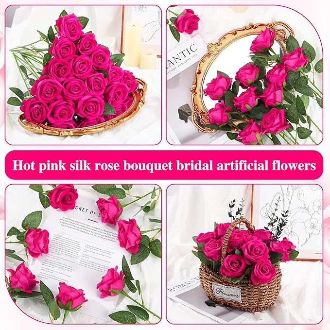 150 Pcs Roses Artificial Flowers, Silk Hot Pink Artificial Flowers Petals Long Stem Roses for Wedding Bouquet Home Party Decor