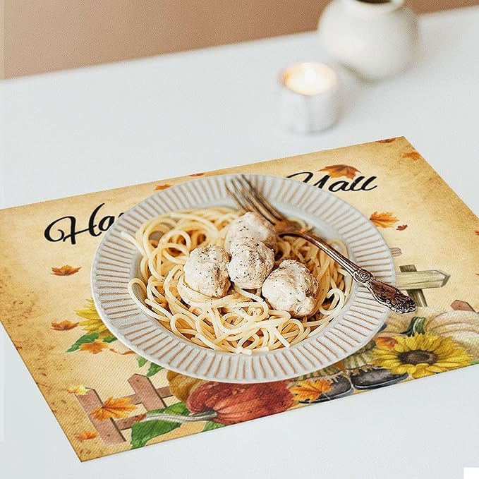Autumn Scarecrow Placemats Farmhouse Rustic Vintage Brown Sunflower Pumpkin Flower Maple Thanksgiving Placemats Table Kitchen Dining Party 12x18 Inch Set of 6