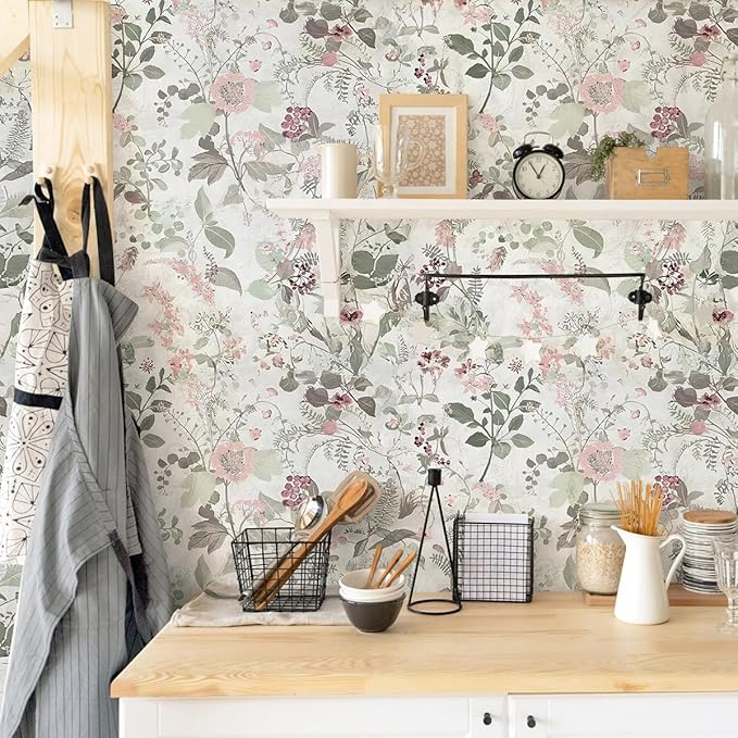 Erfoni 17.7" x 197" Floral Peel and Stick Wallpaper Boho Leaf Self Adhesive Wallpaper DIY Removable Contact Paper Vintage Flower Wall Paper Decoration for Bedroom Wall Cabinets Waterproof Vinyl Roll