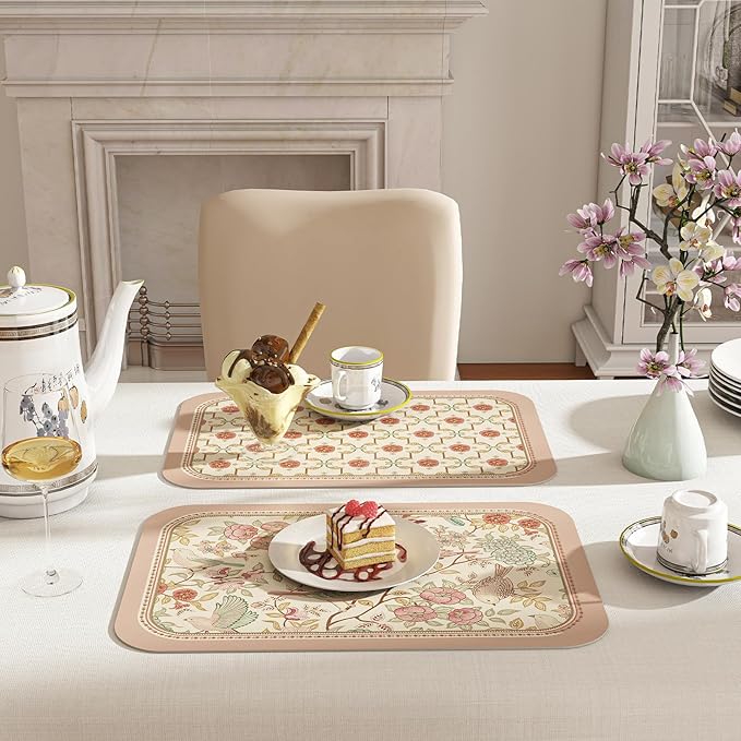 patdrea French Floral Red Rectangular PVC Placemats, Pack of 6, Waterproof Insulation, Soft and Durable, Suitable for Dining Table, Kitchen and Coffee Table Decoration,12"*17"