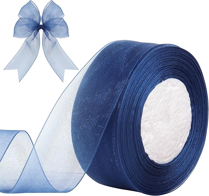 1-1/2 Inch x 50 Yards Sheer Organza Ribbon Chiffon Ribbon for Gift Wedding Flower Bouquet Wrapping Decorations Crafts (Blue)