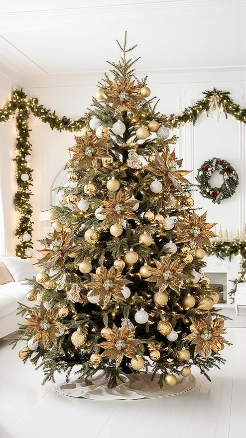 DILATATA 3 Pcs Artificial Christmas Flowers 13 Inch Glitter Poinsettia Picks Christmas Tree Ornaments Topper Decorations Bronze Poinsettias Flowers for Xmas New Year Wreath Garland Wedding Home Decor