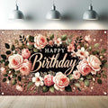 Happy Birthday Backdrop Banner Rose Gold Glitter Floral Photography Background for Women Girls Lady Wedding Baby Shower Birthday Supplies Photo Props Party Decorations Cake Table 6x4ft