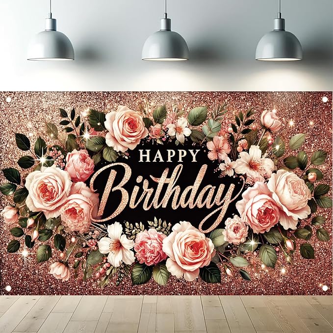 Happy Birthday Backdrop Banner Rose Gold Glitter Floral Photography Background for Women Girls Lady Wedding Baby Shower Birthday Supplies Photo Props Party Decorations Cake Table 6x4ft
