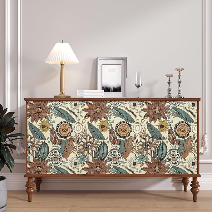 Boho Wallpaper Peel and Stick,Vintage Floral Contact Paper 17.5" x 118", Retro Botanical Flowers Wall Paper Self Adhesive Removable Waterproof for Walls Shelves Cabinet Table (Beige,Brown, Blue)