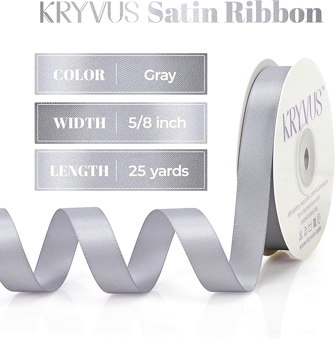 Gray Satin Ribbon, Double Faced 5/8 Inch X 25 Yards Gray Ribbon, Premium Satin Ribbon for Gift Wrapping, Crafts, Hair Bow Making, Sewing, Flower Bouquet, Wedding Party Decor