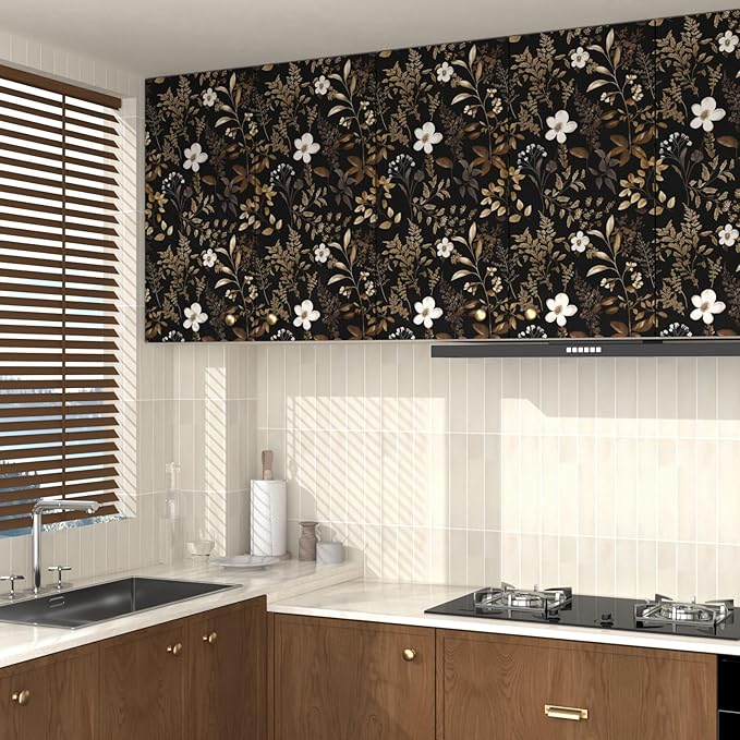 Black Floral Wallpaper Peel and Stick Boho Wallpapers 17.5" x 118" Gold Leaf Contact Paper for Cabinets Waterproof Self Adhesive Removable Wall Paper for Kitchen Table Countertop Walls