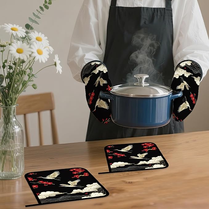 Japanese Crane Oven Mitts and Pot Holders Set,Cherry Blossom Kitchen Decor Heat Resistant Non Slip Hot Pads and Oven Mitt for Chef Cooking Baking BBQ Mom Girl Gifts(4 Piece Set)