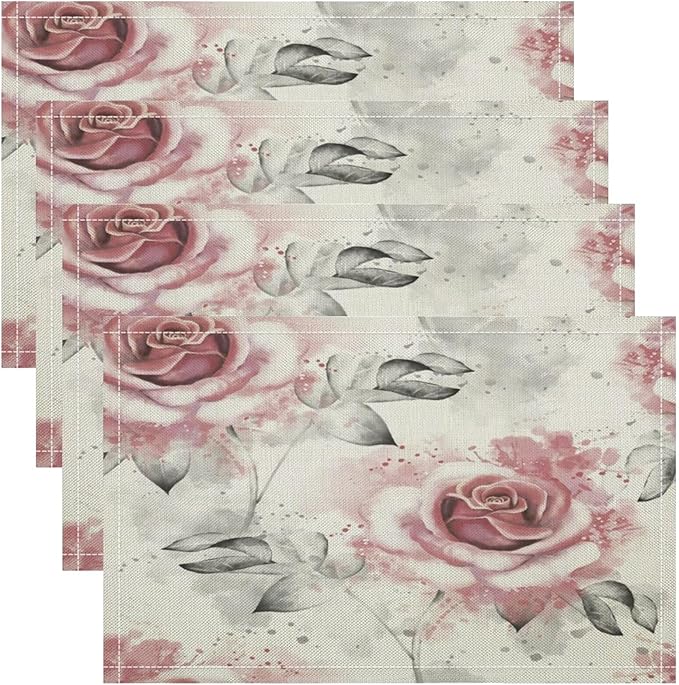 Rose Placemats Set of 4, 17x12 Inch Vintage Romantic Floral Pink Rose Gray Leaf White Table Mats for Home Party Kitchen Dining Decor