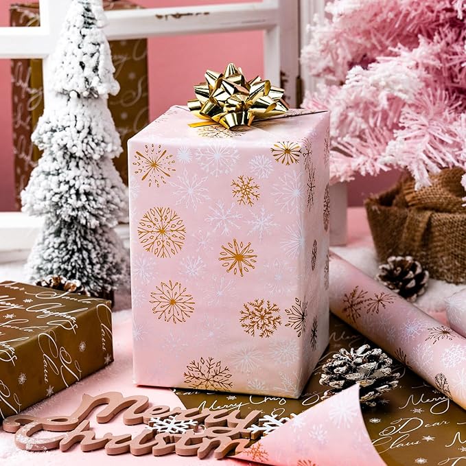 Yarcony Pink Christmas Wrapping Paper Roll, Gold Snowflakes Wrapping Paper, Reversible Pastel Winter Snowflake Theme Christmas Gift Wrap for Holiday Present, Gift Packaging, Party(17Inch x 33Feet)