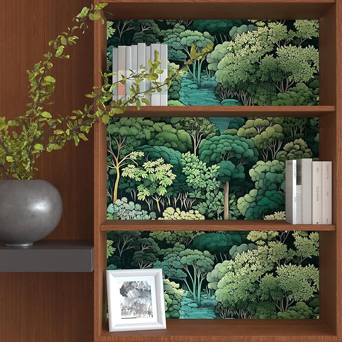 Forest Wallpaper Peel and Stick, Green Trees Contact Paper, Vintage Woodland Mountain Botanical Wall Paper Self Adhesive Waterproof Removable for Room Shelves Cabinet Drawer Table Decor 17.5" x 78.7"