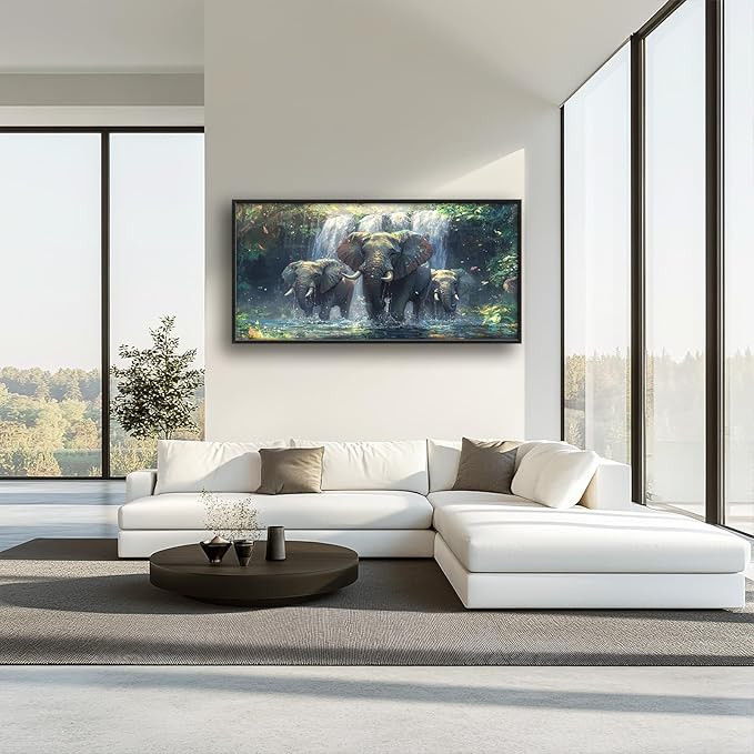 Large Elephant Wall Art for Living Room, Framed Oversized Forest Waterfall Wall Decor, Nature Landscape Canvas Painting Wildlife Artwork for Living Room Dining Room Bathroom Bedroom Office 60"x30"