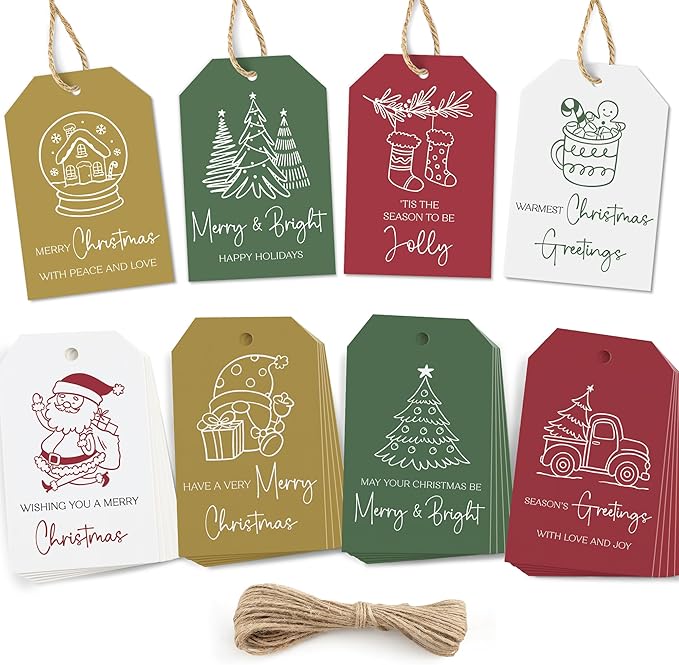 AUDREE 48 Pcs Christmas Gift Tags with String - Funny Holiday Gift Tags for Xmas Presents - Christmas Name Tags for Gifts - Hanging Labels Decoration Xmas Winter Holiday Present DIY Crafts