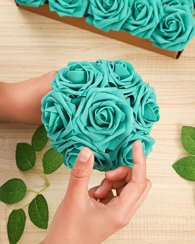 DuHouse Artificial Roses Flowers Fake Roses with Stems Real Touch Foam Flowers for DIY Wedding Bouquet Baby Shower Centerpiece Floral Arrangement Party Home Decor(Teal Blue-Green)