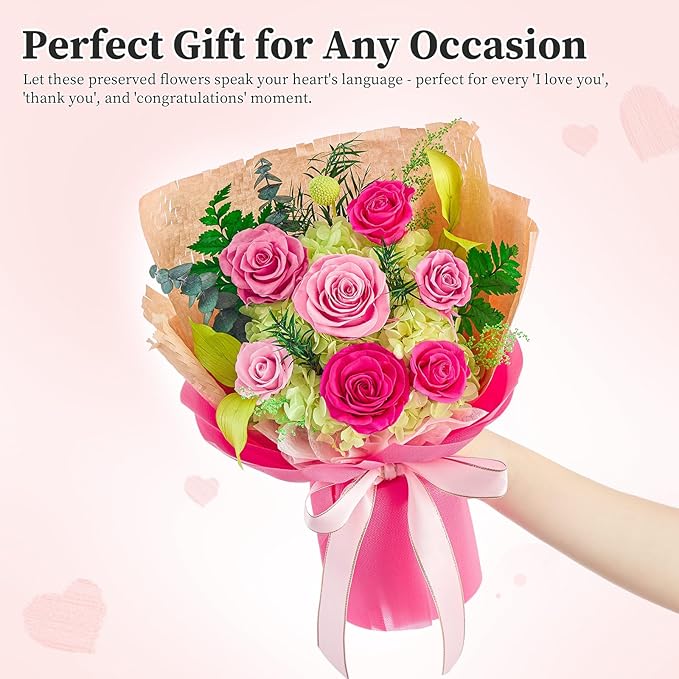 Forever Flowers Gifts for Her, Preserved Flowers Bouquet Birthday Gifts for Women, Preserved Roses for Grandma Wife Anniversary Valentine's Day Mother's Day (7Roses, Hot Pink)