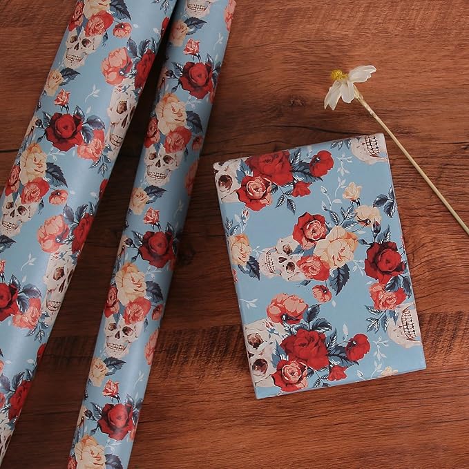 Aimyoo Blue Red Floral Kraft Wrapping Paper Roll, All Occasion Skull Flower Gift Wrap Paper for Birthday Bridal Shower 17 in x 10 ft