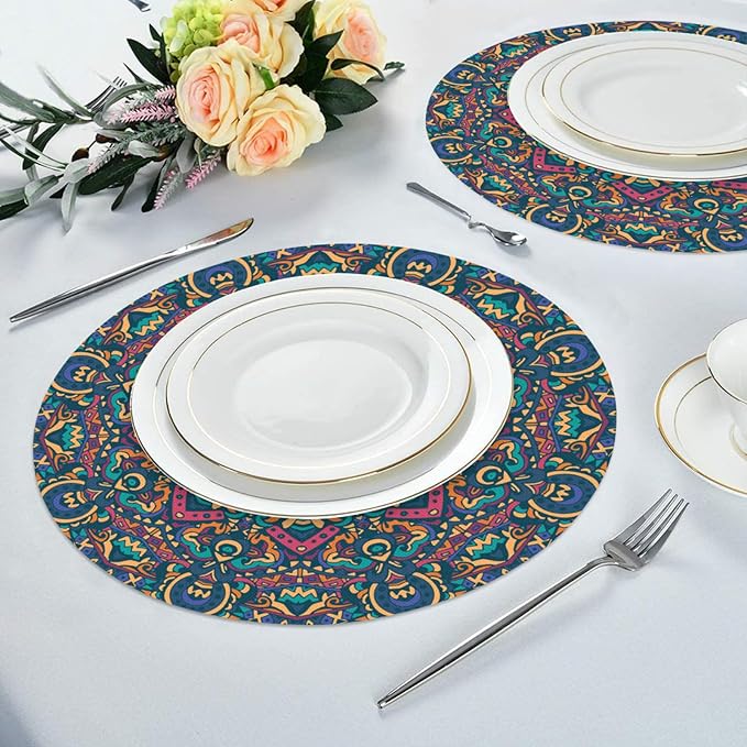 Mandala Round Placemat Set of 4 Elegant Linen Table Mats for Dining, Heat Resistant, Stain Resistant Perfect for Dinner Parties, Restaurants, and Everyday Use