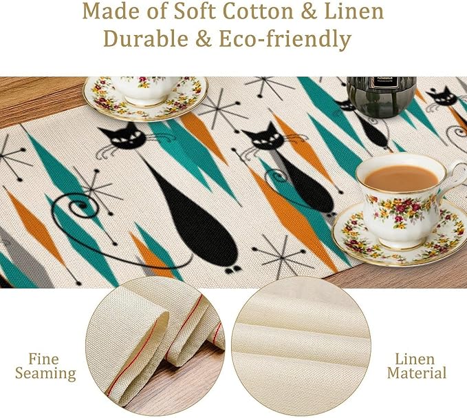 Mid Century Modern Black Cat Table Runner,Table Runners for Kitchen Dining Tables Decor Decoration for Kitchen Family Dinner Table Holiday Party Farmhouse 13 x 70 Inch