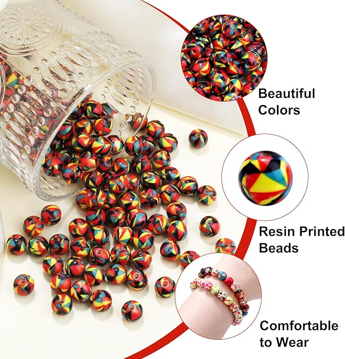 100 PCS 10mm Resin Beads Bulk for Bracelet Making Kit, Red Yellow Black Irregular Pattern Round Loose Beads for Jewelry Earring Necklace Rings Art Craft DIY Projects