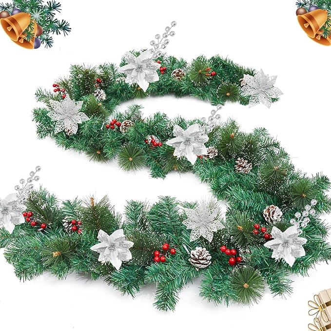 24Pcs Christmas Poinsettia Artificial Flowers and Glitter Berries Kit, 2 Styles Total 16Pcs Christmas Tree Flowers Ornaments, 8Pcs Christmas Tree Picks for Wedding Holiday Decorations, Silver