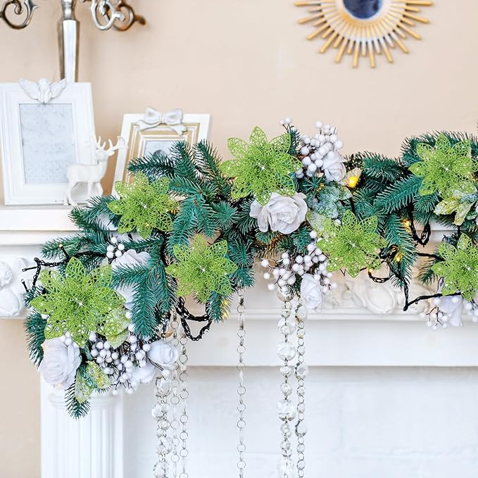 Boao Green 24 Pieces Poinsettia Flower Christmas Glitter Artificial Poinsettia with Clips Christmas Tree Ornament Decorations for DIY Xmas Wreath Holiday Home Party Decor, 3/4/6 Inches