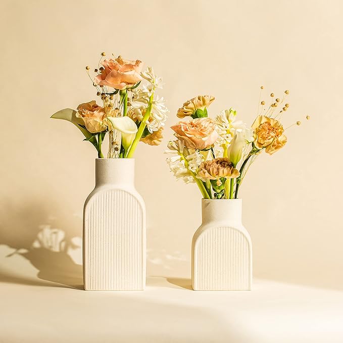 Ceramic Ribbed Vases - 2 Piece Set, Small and Large Vase, Bottle Flower Planter Set. Scandi Style Home Decor. Neutral Cream Home Decor, Coastal Decor for Home, Centerpiece for Table
