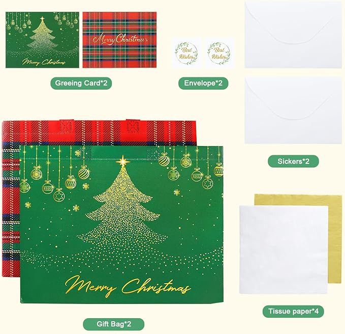 YANGTE 2 Pack 13" Large Christmas Gift Bags with Tissue Paper, Reusable Non-Woven Christmas Bag with Handles for Holiday Presents Wrapping, Holiday Tote Bags for Gifts Wrapping Xmas Party Favors