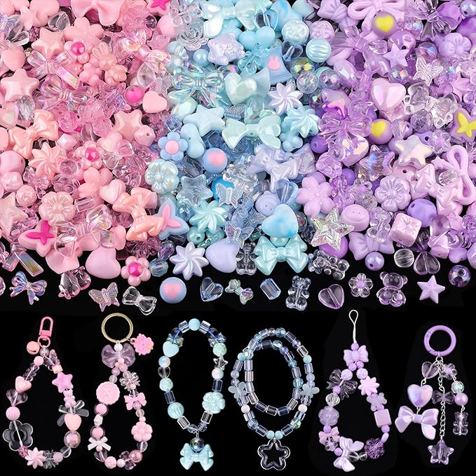Assorted Acrylic Beads, 130-180PCS 3 Mixed Colors Cute Beads for Bracelet Making, GummyBear Bow Flower Kawaii Charms for Jewelry Making DIY Necklace Keychain Phone Charm Christmas Gift