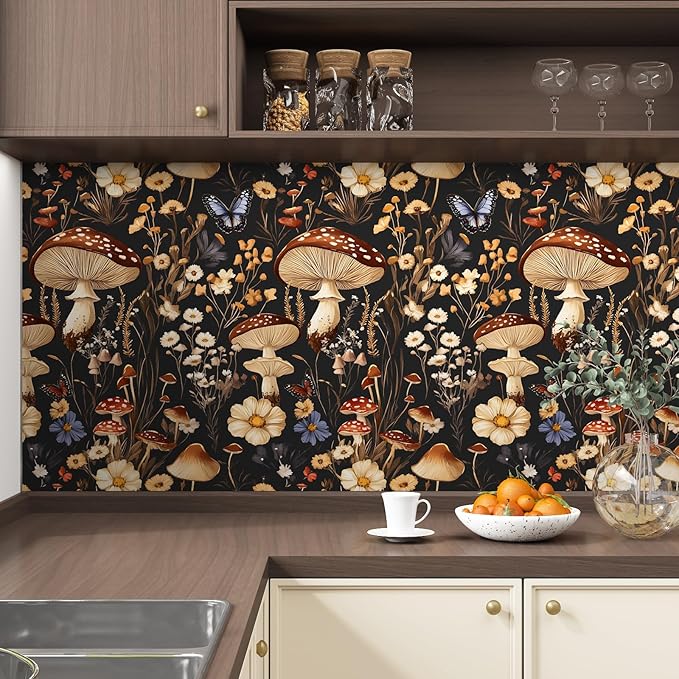 Peel and Stick Wallpaper Mushroom Wallpaper Vintage Floral Contact Paper Leaf Wall Paper for Shelf Liner Backsplash Living Room Renter Friendly Removable 17.5 x 118In
