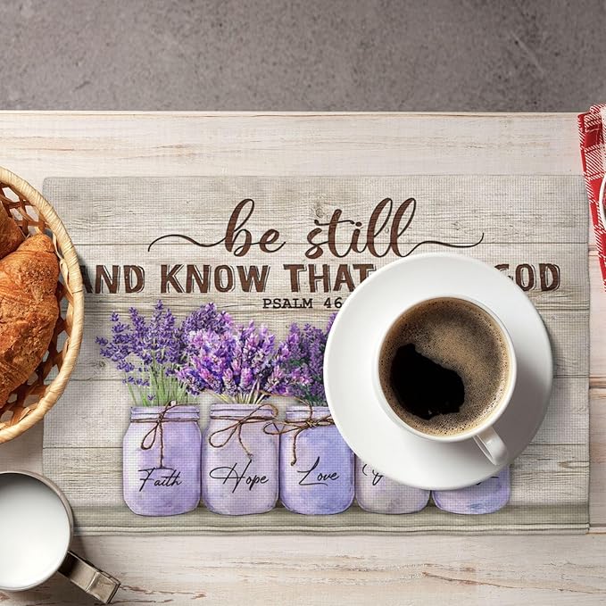 Lavender Spring Floral Placemats Set of 6 Farmhouse Country Rustic Purple Flower Double-Sided Table Mats for Kitchen Dining Room Home Party Indoor Decor 6 PCS 12x18 Inch